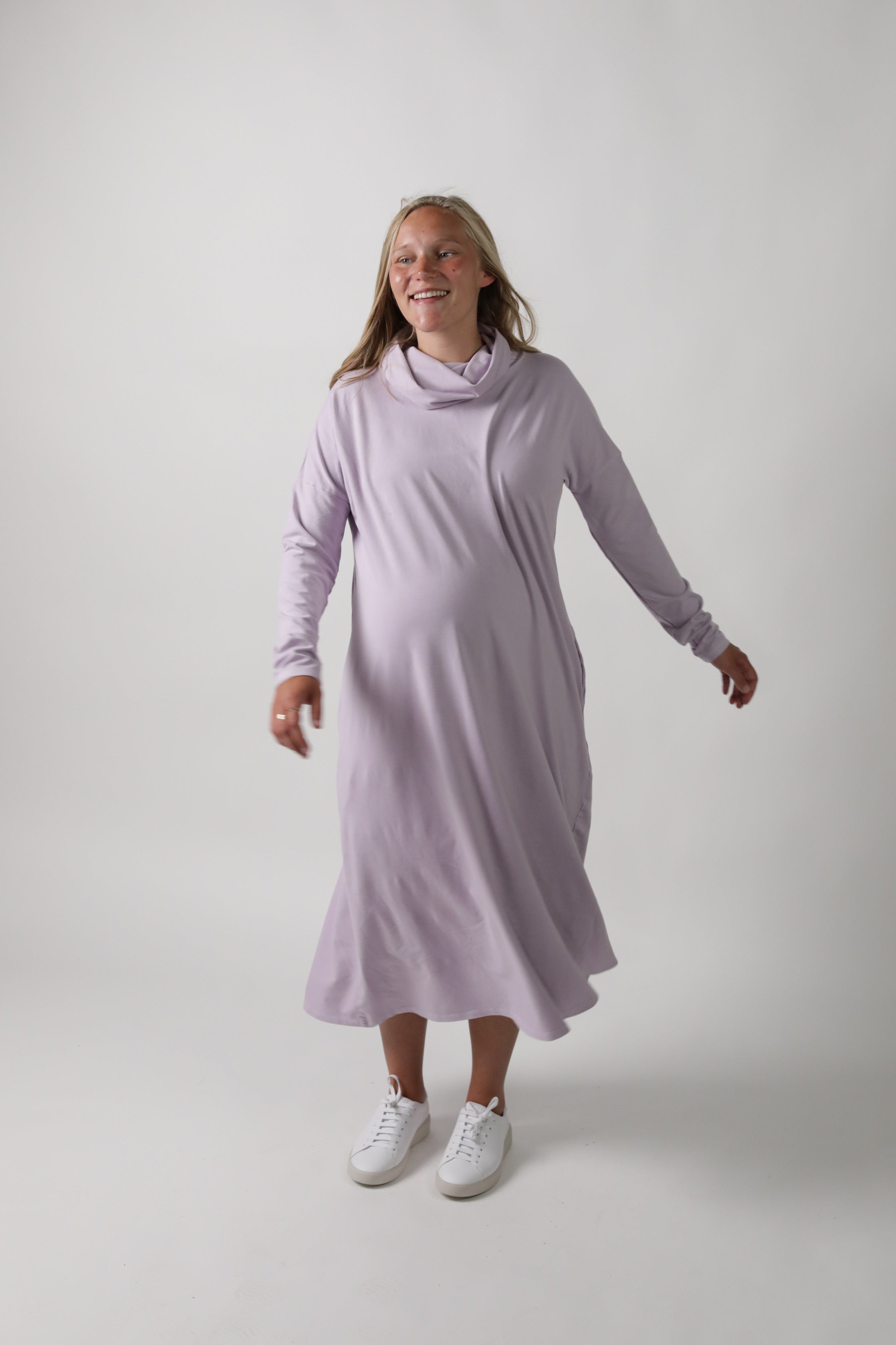 MEREDITH || COWL NECK LONG SLEEVE MATERNITY MIDI DRESS