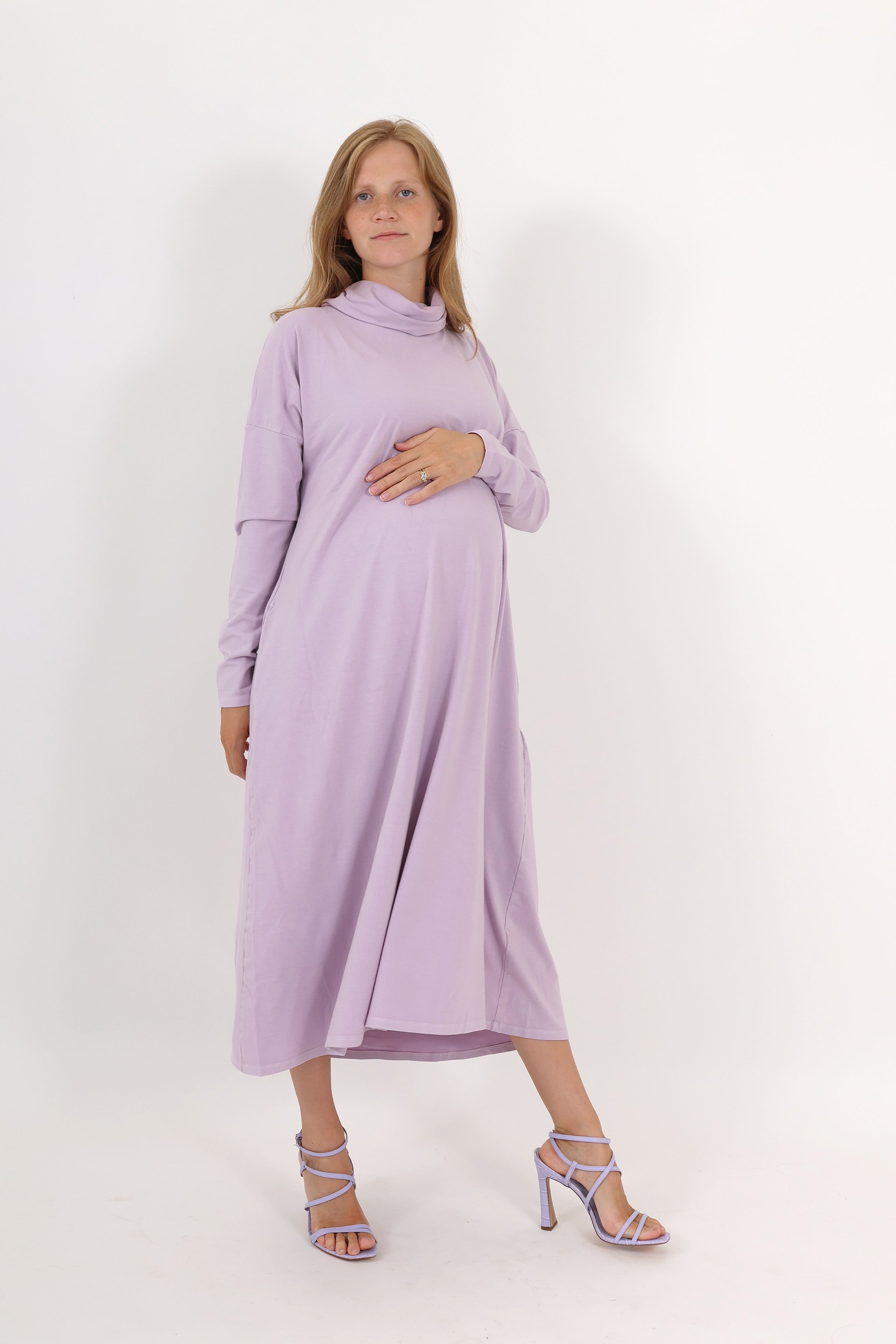 MEREDITH || COWL NECK LONG SLEEVE MATERNITY MIDI DRESS