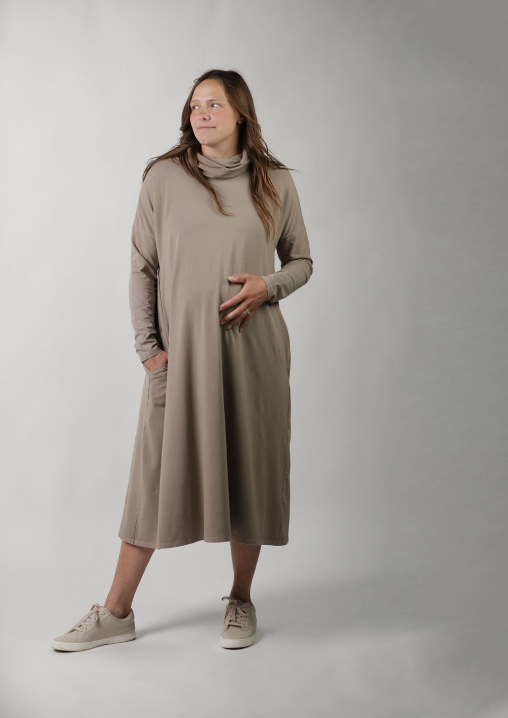 Elspeth | Brown Bardot-Neck Maternity Midi Dress