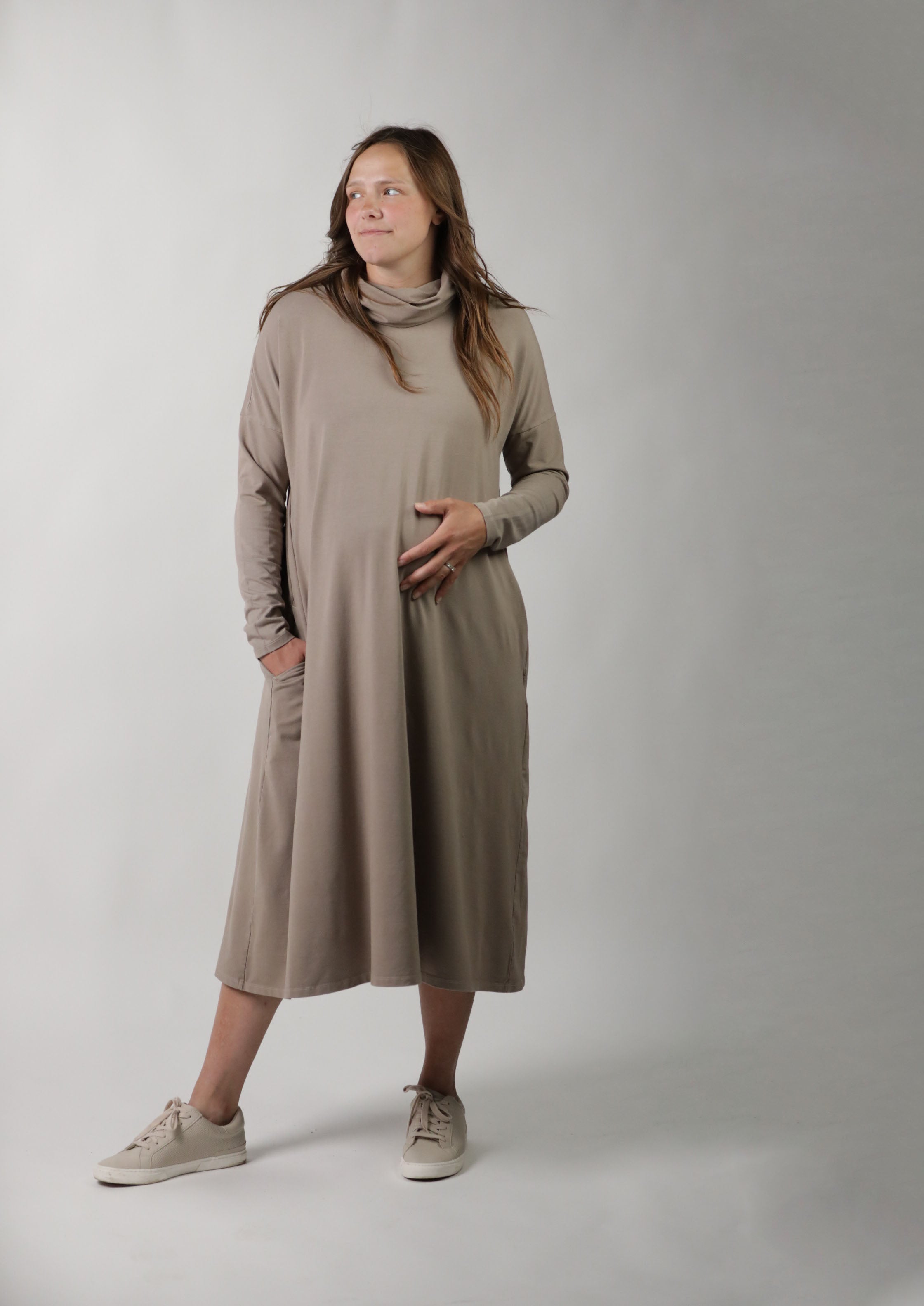 MEREDITH || COWL NECK LONG SLEEVE MATERNITY MIDI DRESS